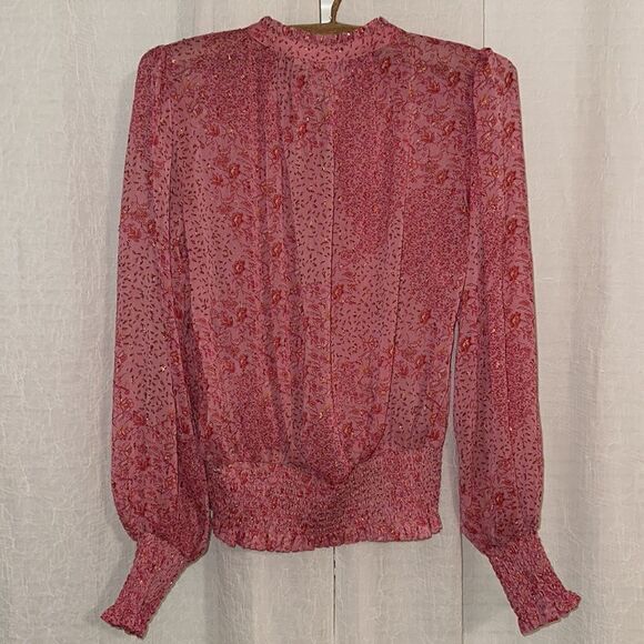 joie S Mock Neck Tie Front Long Balloon Sleeve Pink Gold Metallic Blouse - Picture 2 of 12